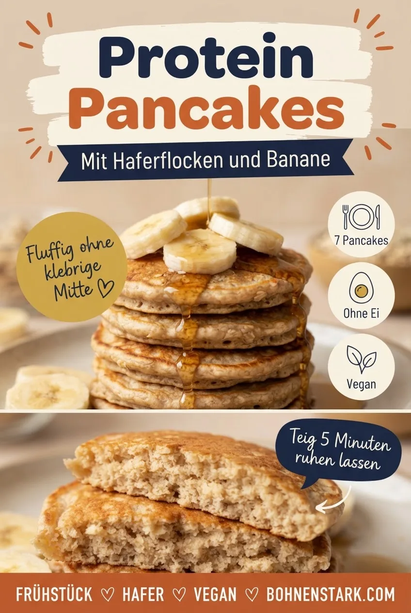 Pinterest-Pin: Vegane Protein-Pancakes mit Haferflocken und Banane, fluffig ohne klebrige Mitte, 7 Pancakes, ohne Ei, vegan