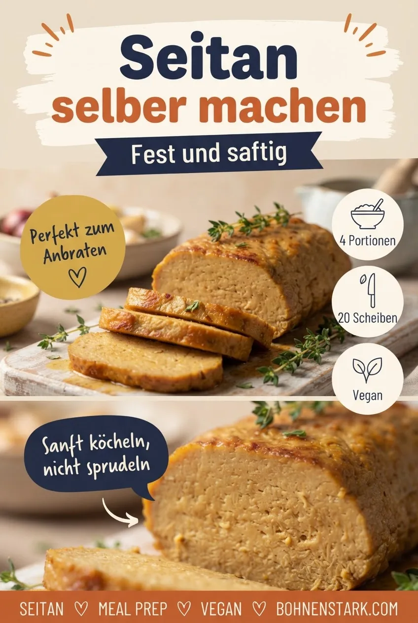 Pinterest-Pin: Seitan selber machen, fest und saftig, 4 Portionen, vegan, sanft köcheln statt sprudeln