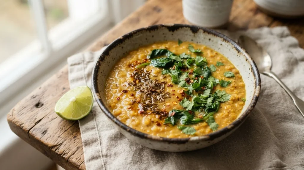 Cremiges orangefarbenes Rote Linsen Dal mit Spinat in einer Keramikschale, beträufelt mit Kreuzkümmel-Öl und Chiliflocken, daneben frischer Koriander und eine Limettenspalte