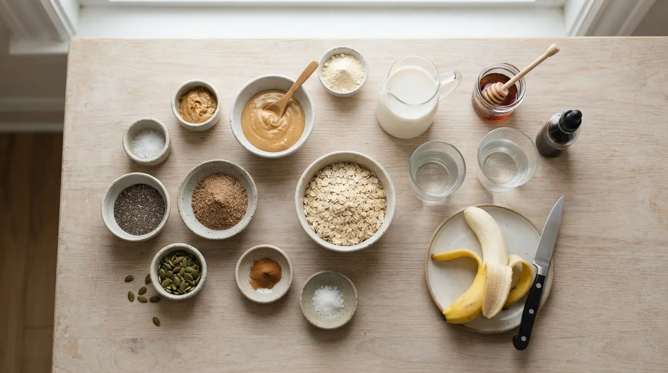 Zutaten für veganes Protein-Porridge in Keramikschälchen: Haferflocken, Sojadrink, Erbsenprotein, Erdnussmus, Chia, Leinsamen, Ahornsirup, Zimt, Banane und Kürbiskerne