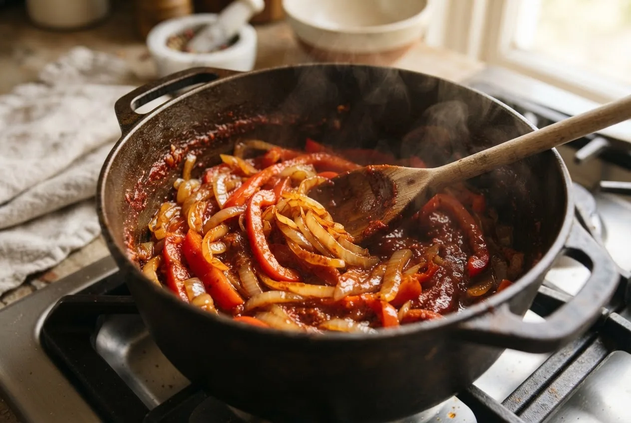 Karamellisierte Zwiebeln und Paprikastreifen mit Tomatenmark und Paprikapulver im Topf