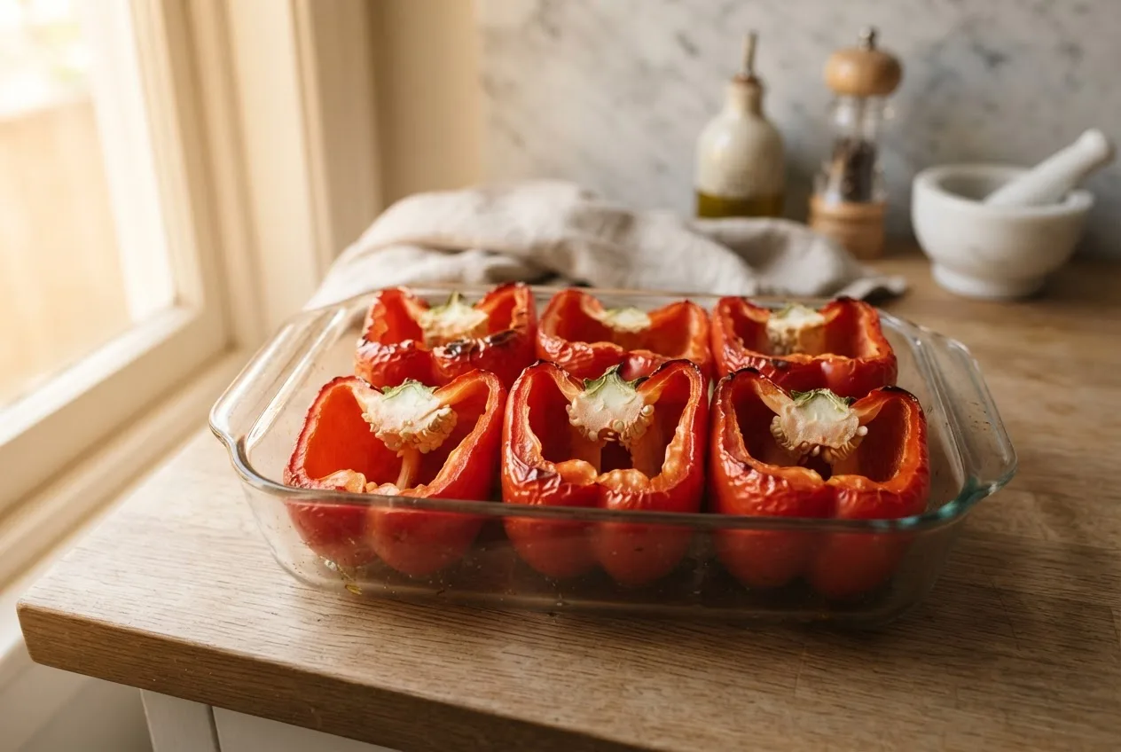 Ausgehöhlte rote Paprika stehen nach dem Vorbacken aufrecht in einer Glasform