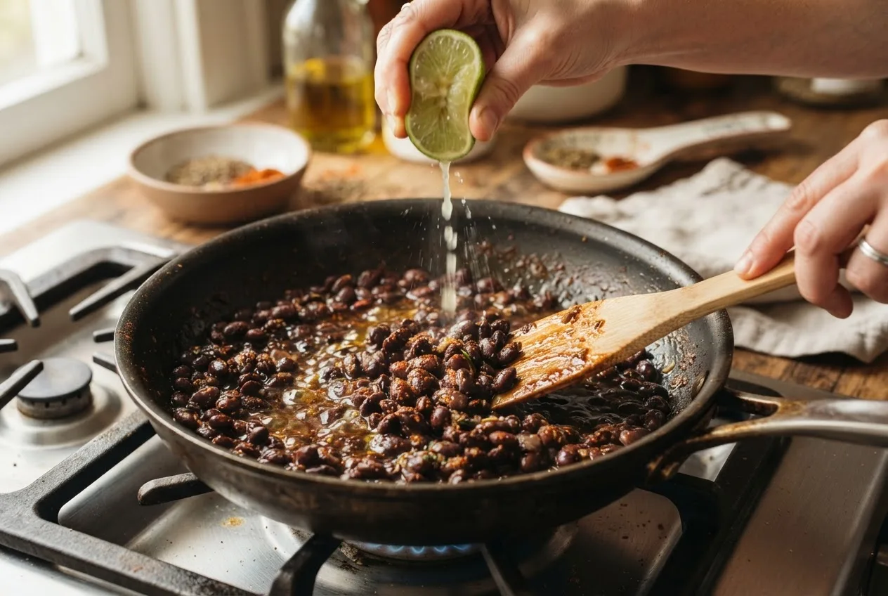 Schwarze Bohnen werden in einer Pfanne mit Kreuzkümmel, Paprika und Limettensaft gewürzt