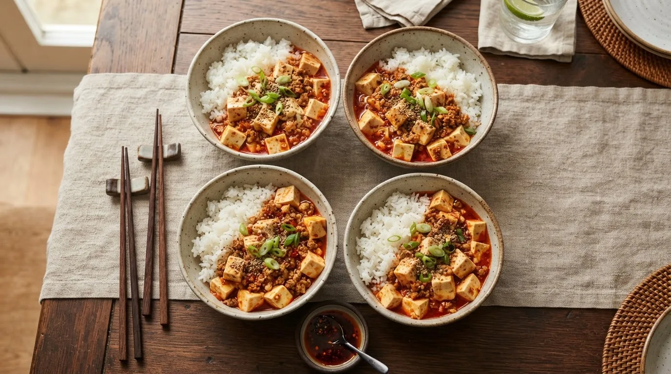 Vier Schalen Reis mit veganem Mapo Tofu, ganzen Tofuwürfeln, roter Sauce, Chiliöl, Frühlingszwiebeln und Sichuanpfeffer, dazu Stäbchen
