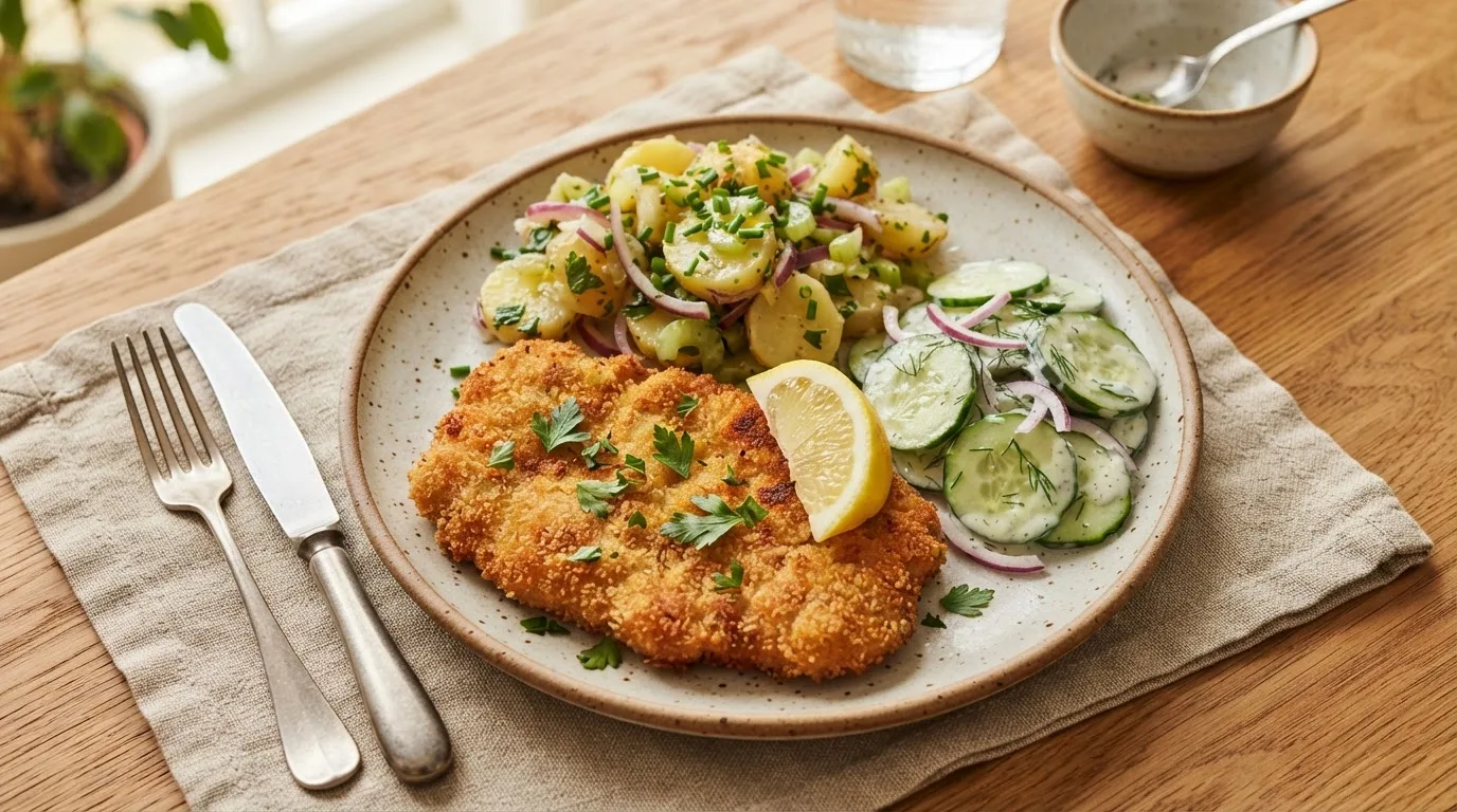 Teller mit goldbraunem Tofu-Schnitzel, Zitronenspalte, Kartoffelsalat und Gurkensalat