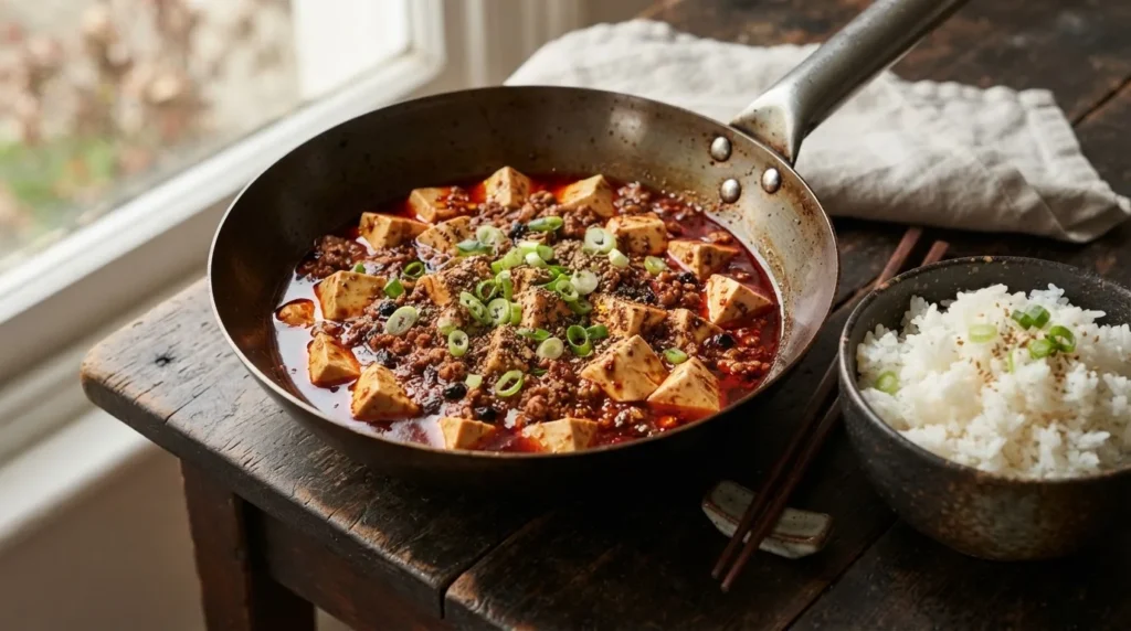 Veganes Mapo Tofu im Wok und in einer Schale mit Reis, ganze weiße Tofuwürfel in glänzender roter Chili-Bohnen-Sauce mit Sojagranulat, Chiliöl und Frühlingszwiebeln