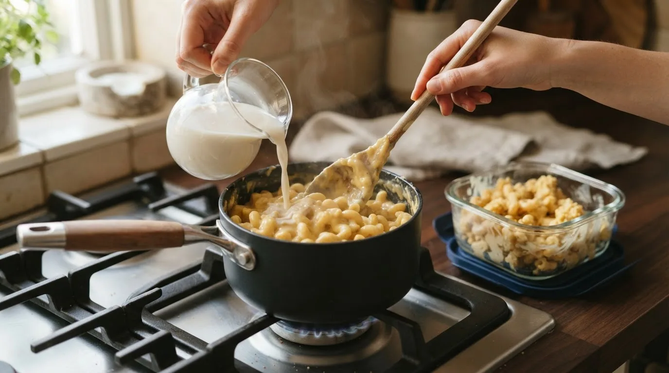 Reste von veganem Mac and Cheese werden im Topf mit einem Schuss Haferdrink aufgewärmt, daneben eine Glasdose mit weiteren Resten