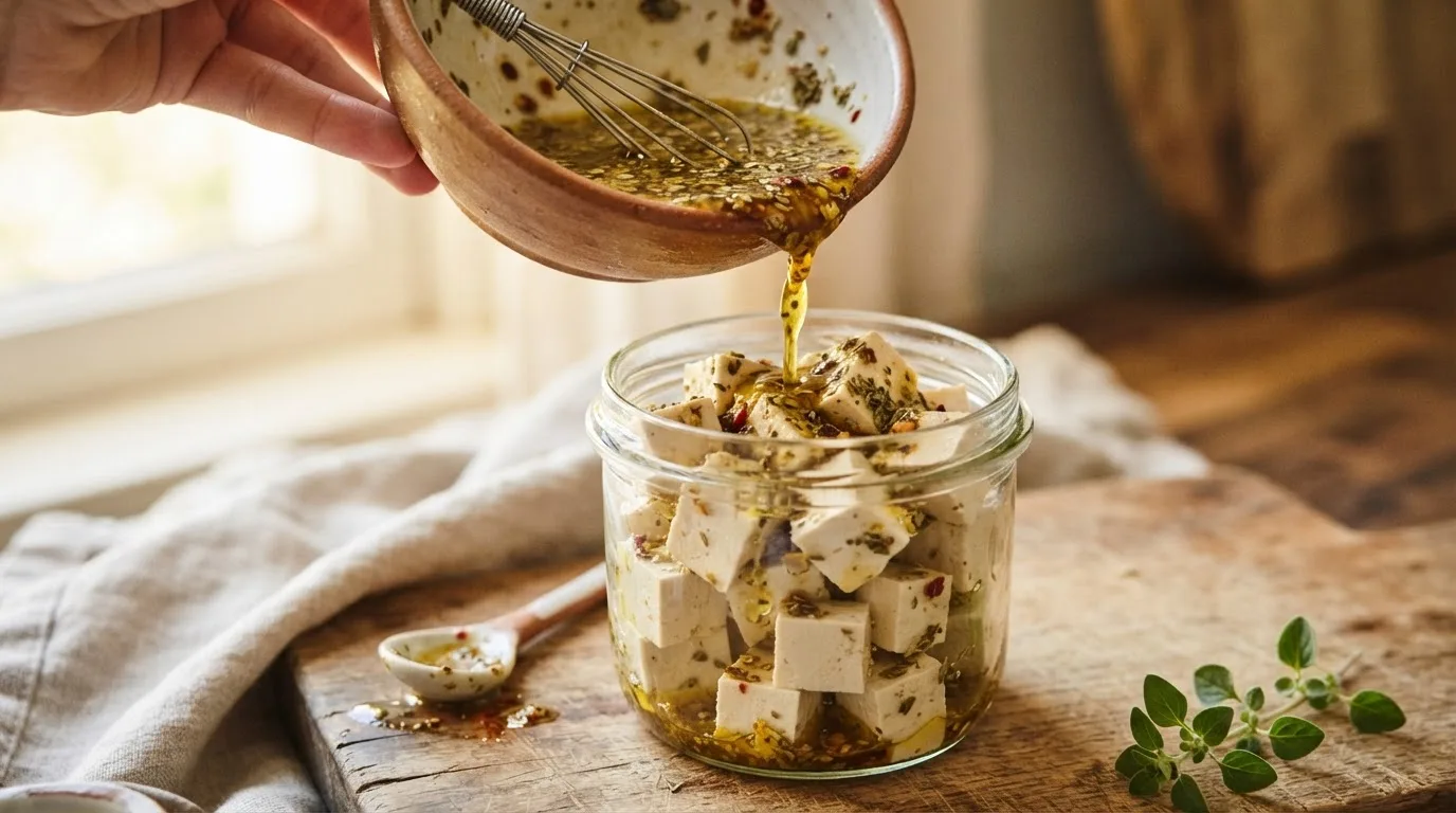 Kräutermarinade aus Olivenöl, Zitrone, Miso und Hefeflocken wird über Tofuwürfel in einem Glas gegossen