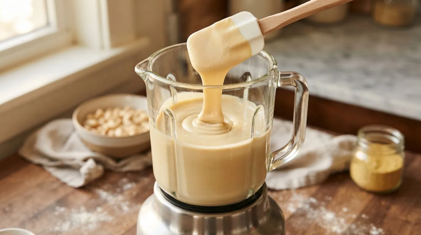 Glatte, glänzende Cashew-Käsesauce läuft im Mixbecher von einem Spatel