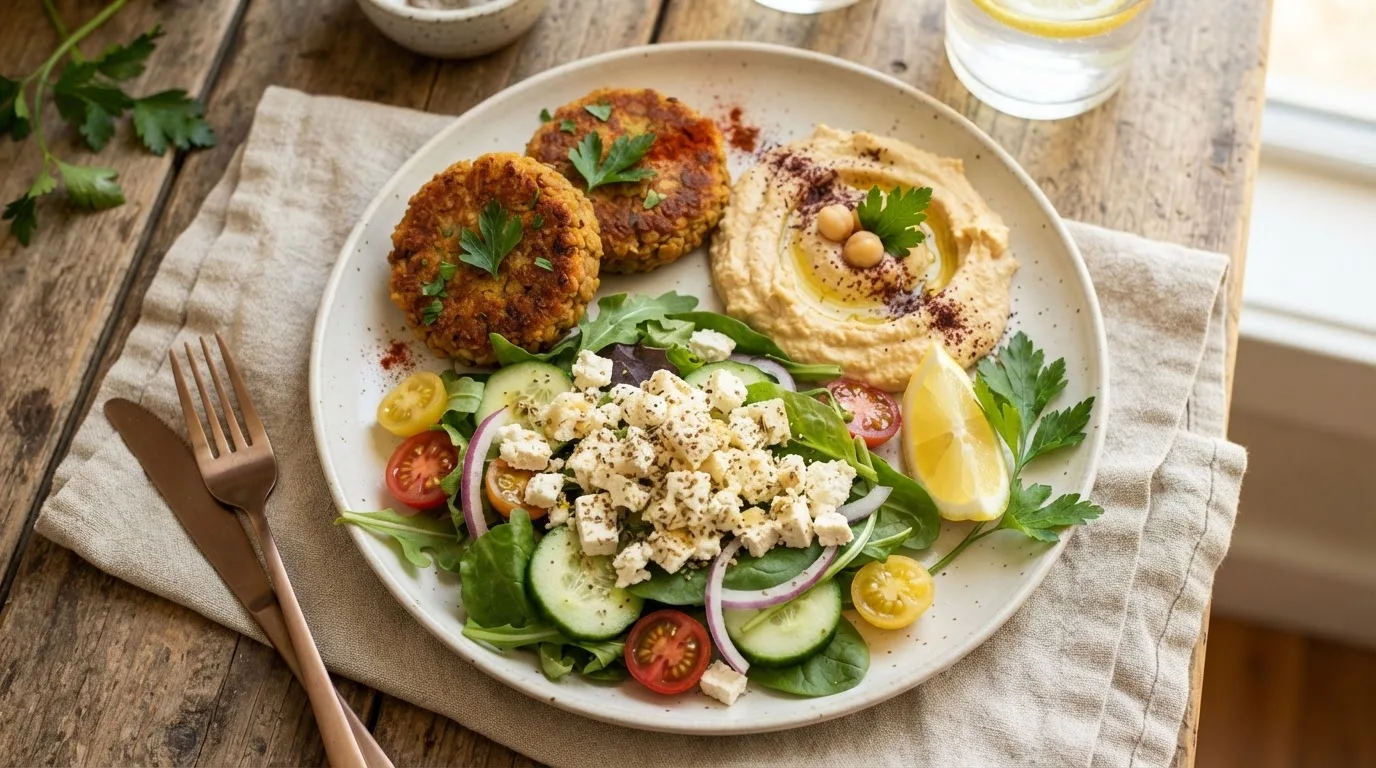 Teller mit zwei Linsenbratlingen, Hummus, grünem Salat mit Tofu-Feta, Gurke und Tomaten