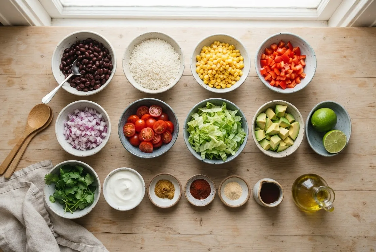 Zutaten für die vegane Burrito Bowl in Keramikschalen: schwarze Bohnen, Basmatireis, Mais, Paprika, Tomaten, Avocado, Limetten und Gewürze