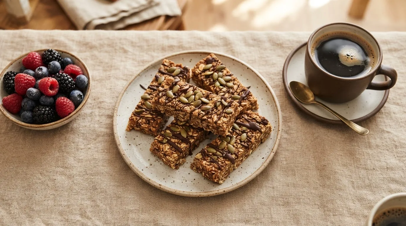 Vegane Proteinriegel mit Schokoladenverzierung auf einem Keramikteller neben einer Tasse Kaffee und frischen Beeren