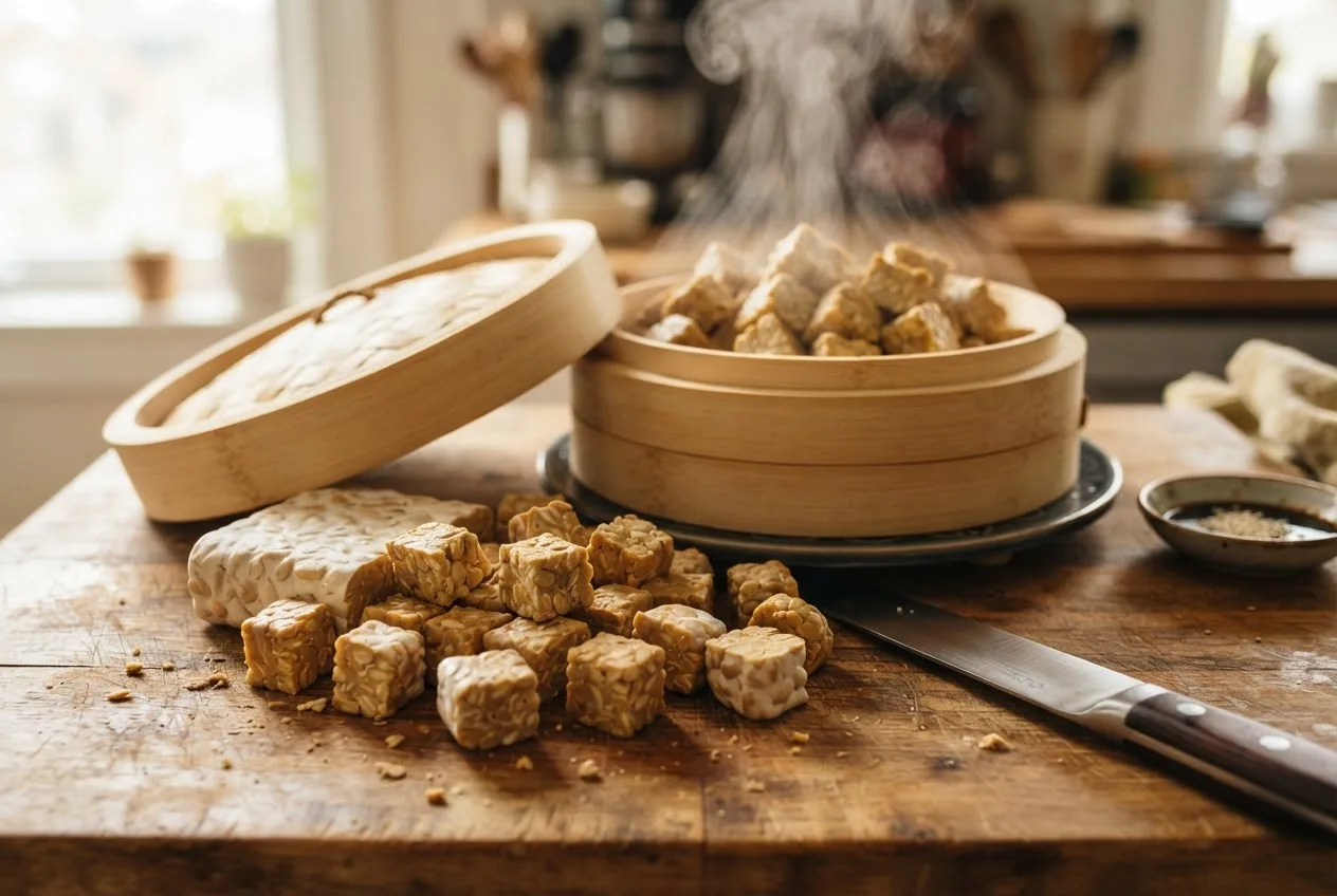Tempeh wird in Würfel geschnitten, daneben ein Dämpfeinsatz mit aufsteigendem Dampf