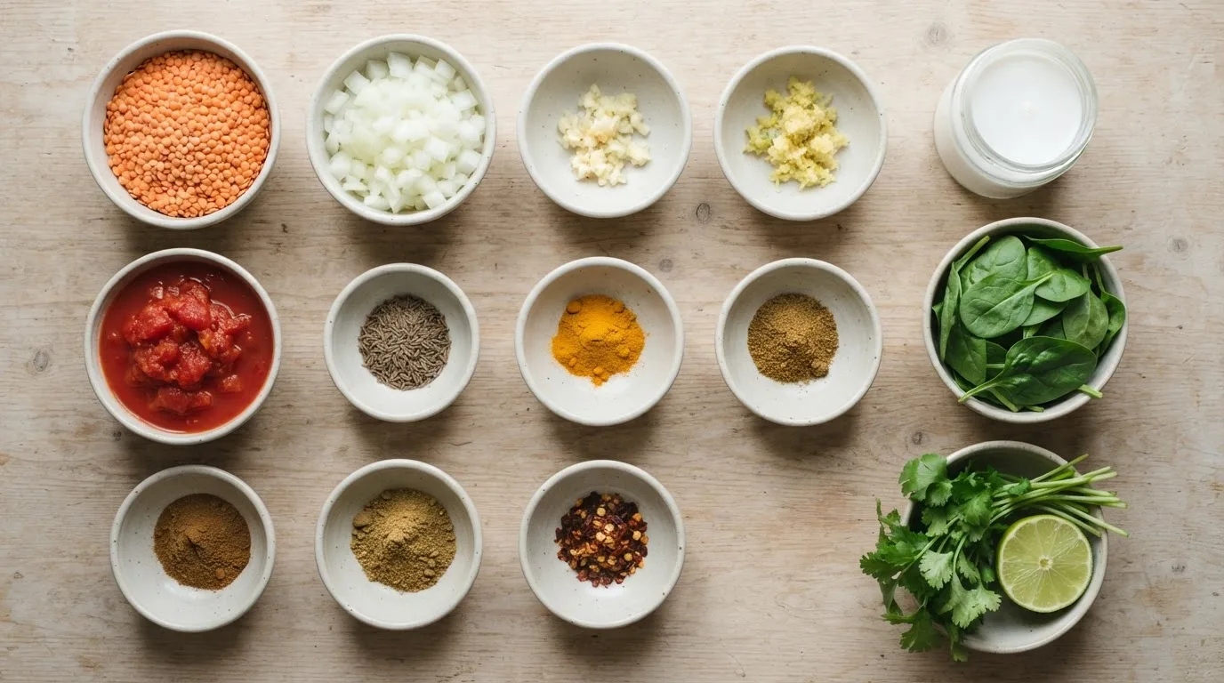 Zutaten für Rote Linsen Dal in Keramikschälchen: rote Linsen, Zwiebel, Knoblauch, Ingwer, gehackte Tomaten, Gewürze, Kokosmilch, Spinat, Koriander und Limette