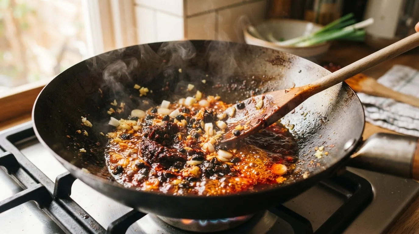 Chili-Bohnen-Paste und schwarze Bohnen braten mit Knoblauch, Ingwer und Frühlingszwiebel im Carbonstahl-Wok, das Öl ist tief rot-orange