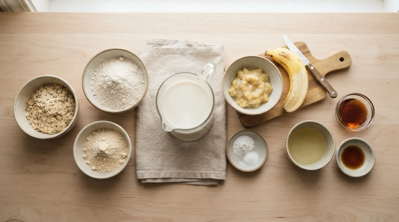 Zutaten für vegane Protein-Pancakes in Keramikschälchen: Haferflocken, Hafermehl, Erbsenprotein, Sojamilch, zerdrückte Banane, Backpulver, Salz, Ahornsirup, Öl und Vanille