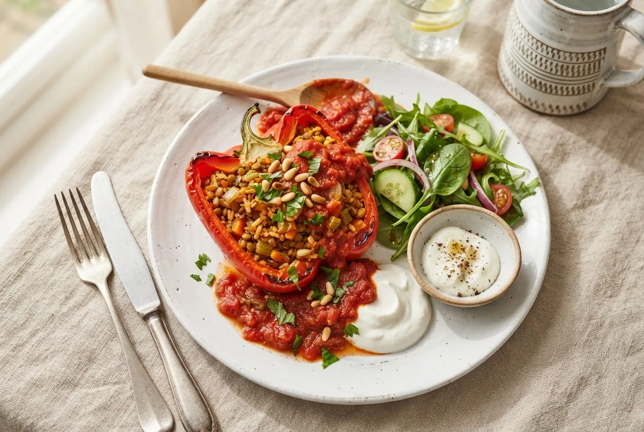Eine angeschnittene gefüllte Paprika auf einem weißen Teller mit Tomatensauce, Joghurt-Dip und grünem Salat