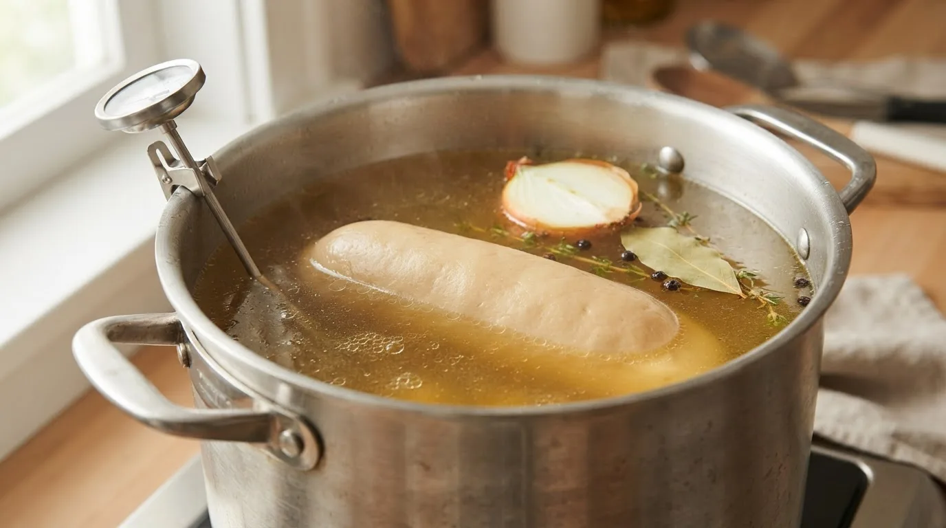 Seitan-Laib köchelt sanft in Gemüsebrühe mit Zwiebel und Lorbeer, ein Thermometer steckt am Topfrand