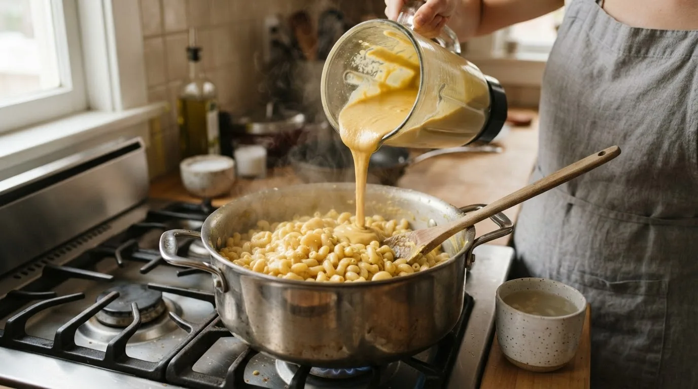 Cashewsauce wird aus dem Mixbecher über frisch abgegossene Hörnchennudeln im Topf gegossen