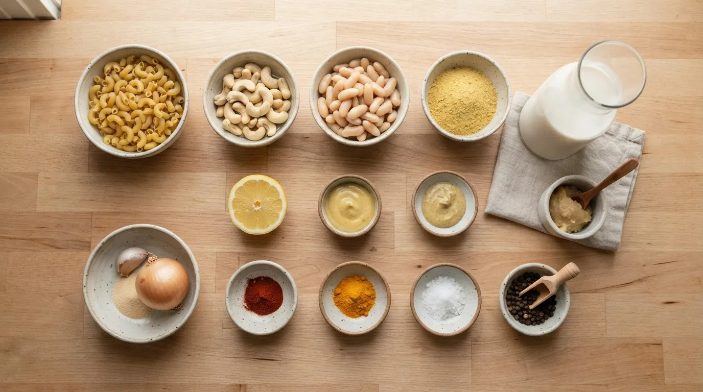 Zutaten für veganes Mac and Cheese in Keramikschälchen: Hörnchennudeln, Cashews, weiße Bohnen, Haferdrink, Hefeflocken, Miso, Zitrone, Senf und Gewürze