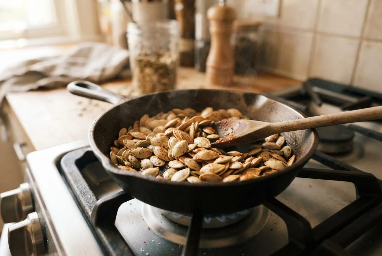 Kürbiskerne werden in einer kleinen trockenen Pfanne goldbraun geröstet