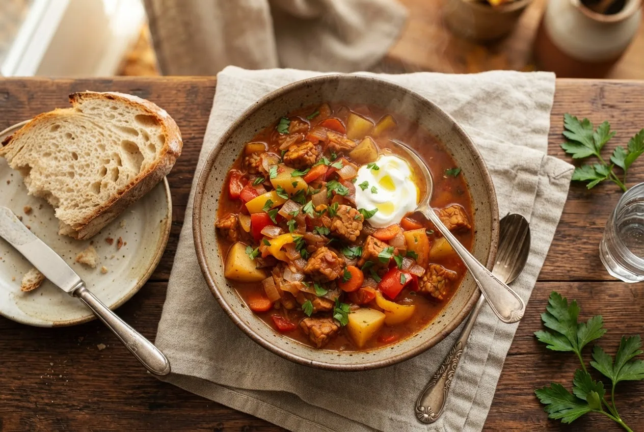 Eine Schale Tempeh-Gulasch mit Petersilie und veganer saurer Sahne, daneben eine Scheibe Sauerteigbrot