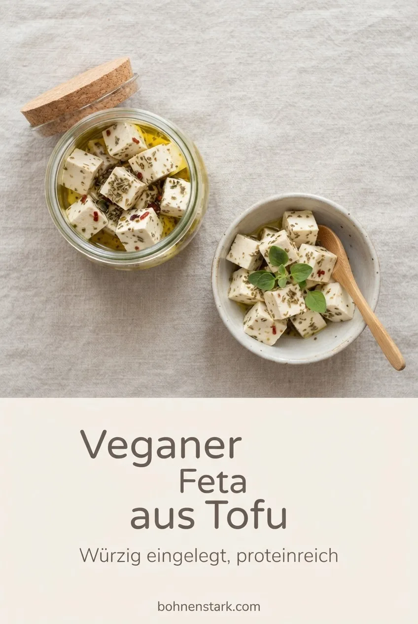 Veganer Feta aus Tofu, würzig eingelegt und proteinreich, Rezept auf bohnenstark.com