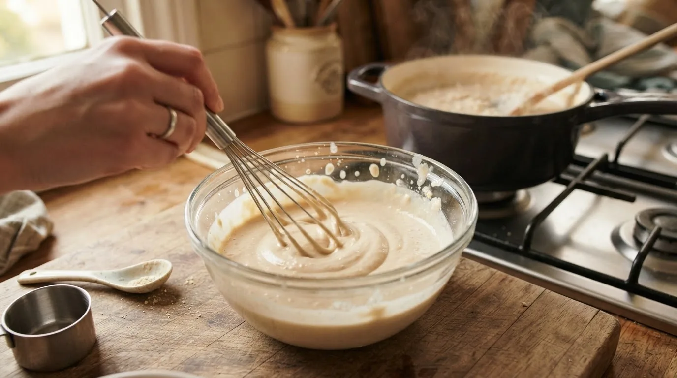 Erbsenprotein wird mit kaltem Sojadrink in einer kleinen Glasschüssel zu einer glatten Paste verrührt, im Hintergrund der Topf mit Porridge