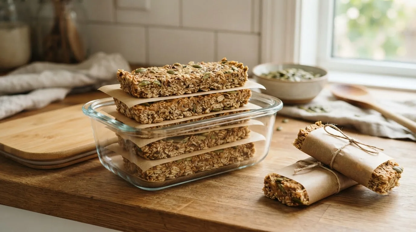 Vegane Proteinriegel in Schichten mit Backpapier in einer luftdichten Glasdose, daneben einzeln eingewickelte Riegel zum Einfrieren