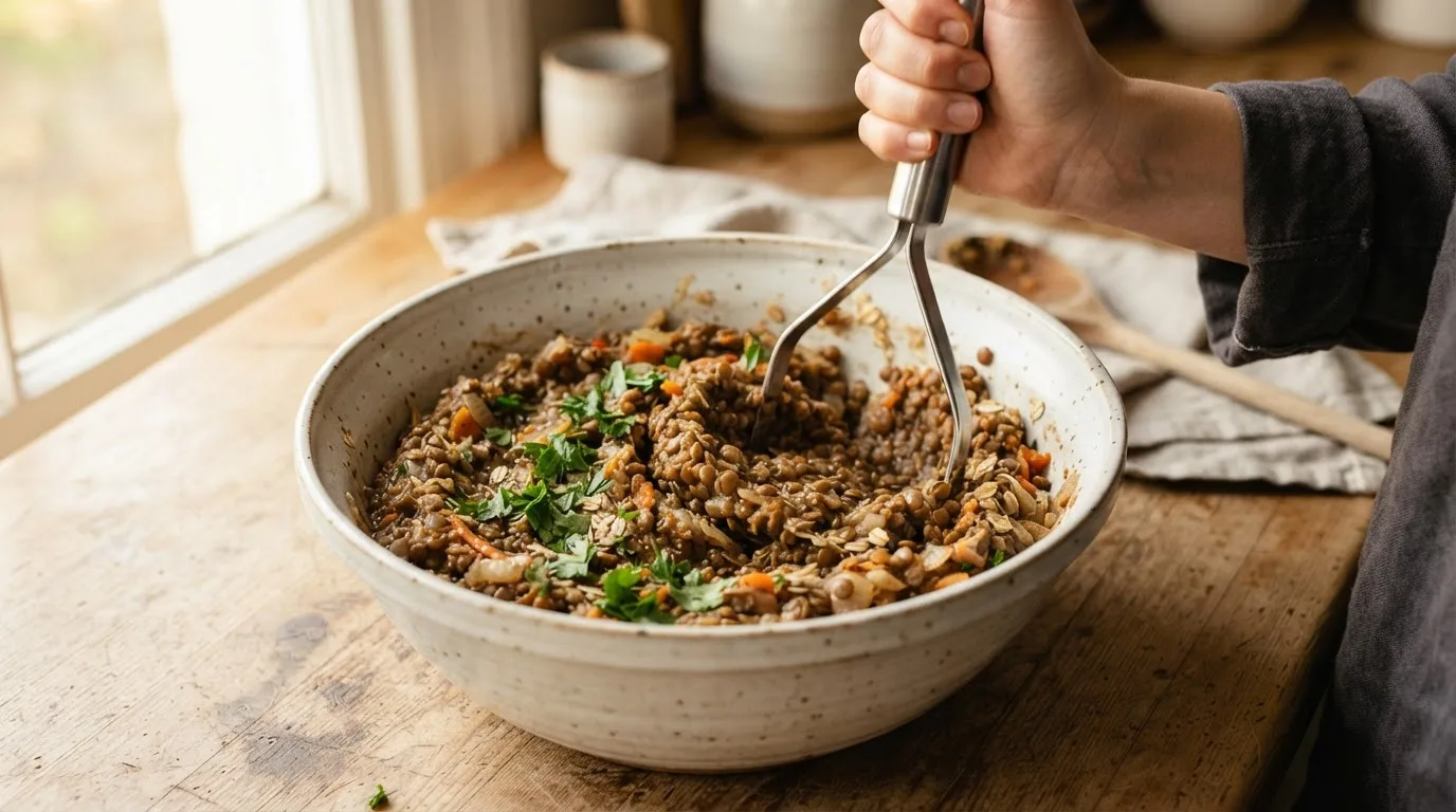 Gekochte Linsen werden in einer Schüssel mit dem Kartoffelstampfer grob gestampft, darauf angebratenes Gemüse, Haferflocken und Petersilie