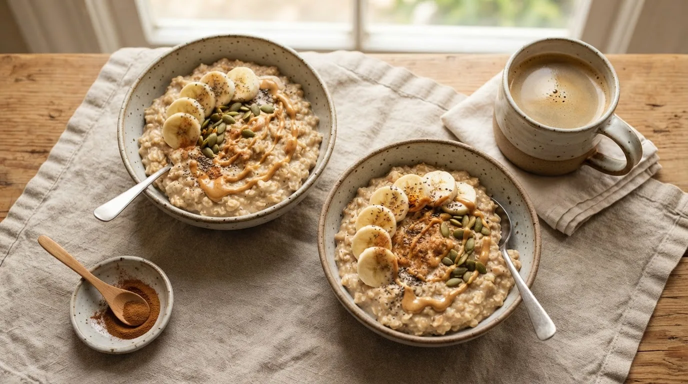 Zwei Schalen veganes Protein-Porridge mit Banane, Kürbiskernen und Erdnussmus auf einem Frühstückstisch mit Kaffee