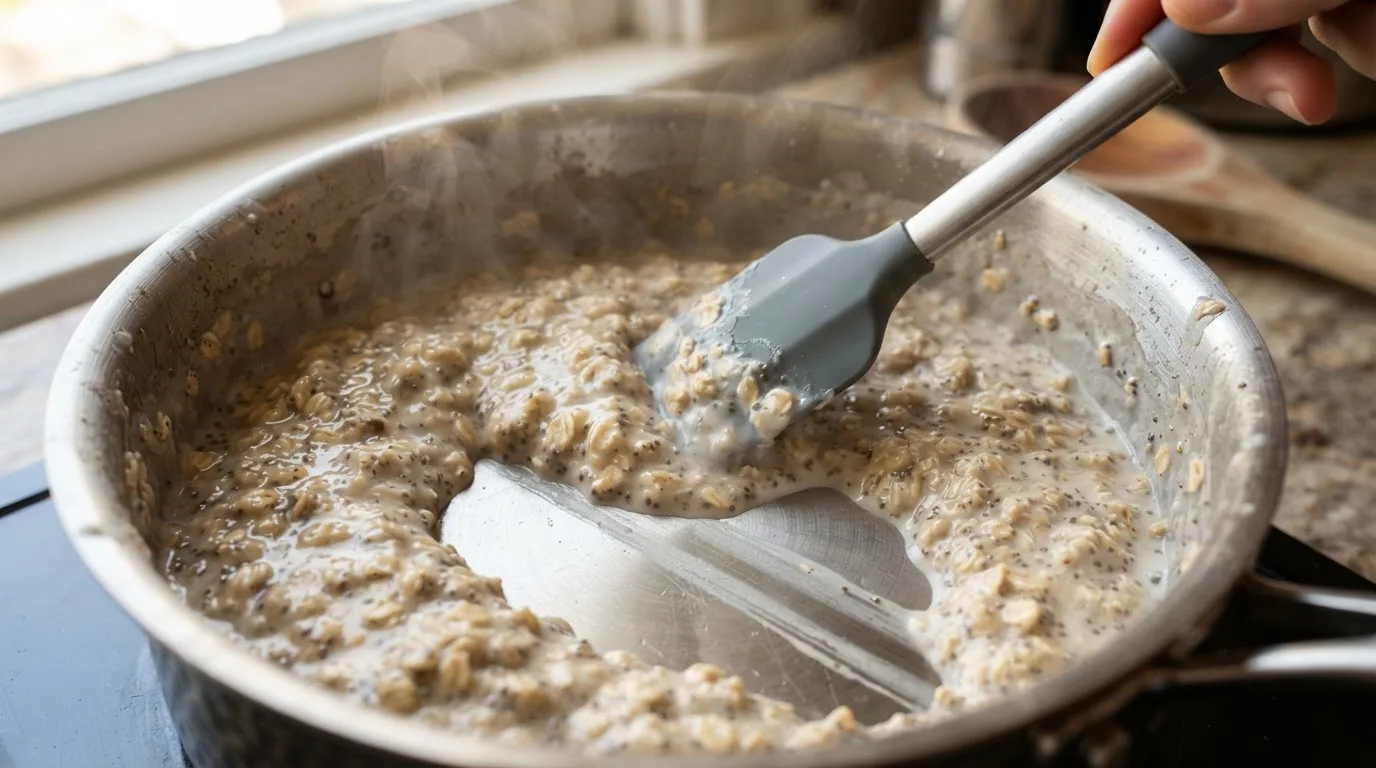 Ein Spatel zieht eine Spur durch cremiges Porridge mit Chiasamen im Topf, die sich langsam wieder schließt