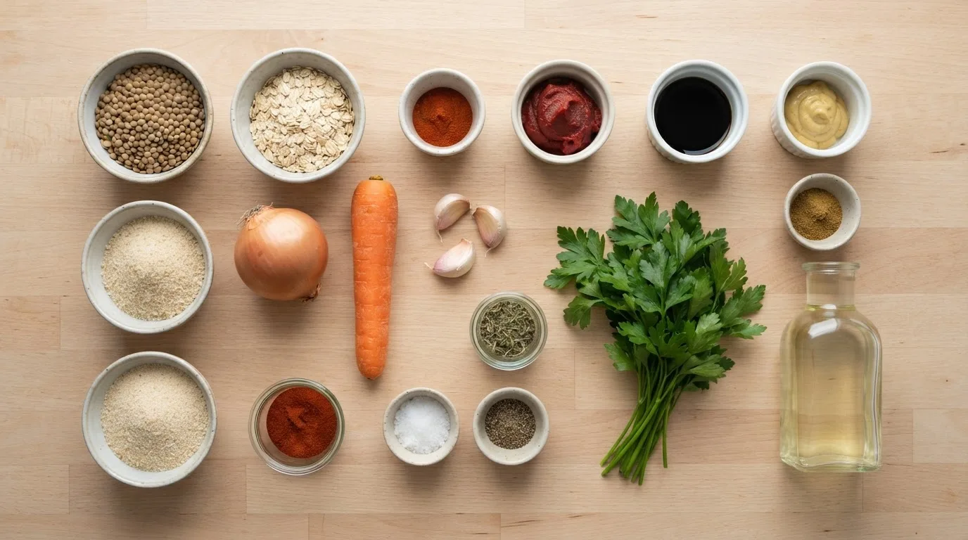 Zutaten für Linsenbratlinge in Keramikschälchen: braune Linsen, Haferflocken, Paniermehl, Zwiebel, Karotte, Knoblauch, Tomatenmark, Sojasauce, Senf, Gewürze und Petersilie