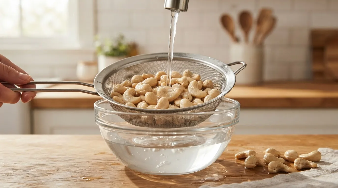Eingeweichte Cashews werden in einem feinen Sieb über einer Glasschüssel abgespült