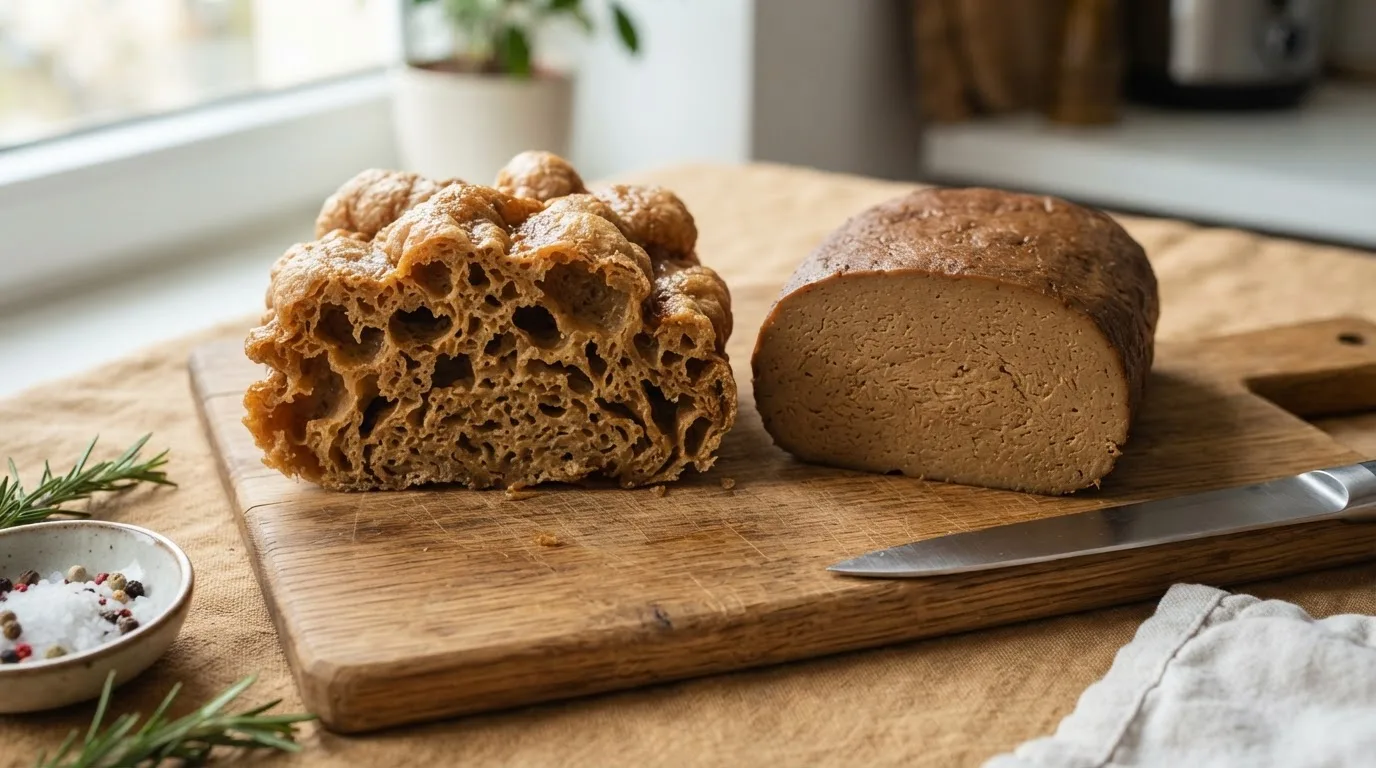 Zwei aufgeschnittene Seitan-Laibe: links schwammig mit großen Luftlöchern, rechts kompakt und leicht faserig
