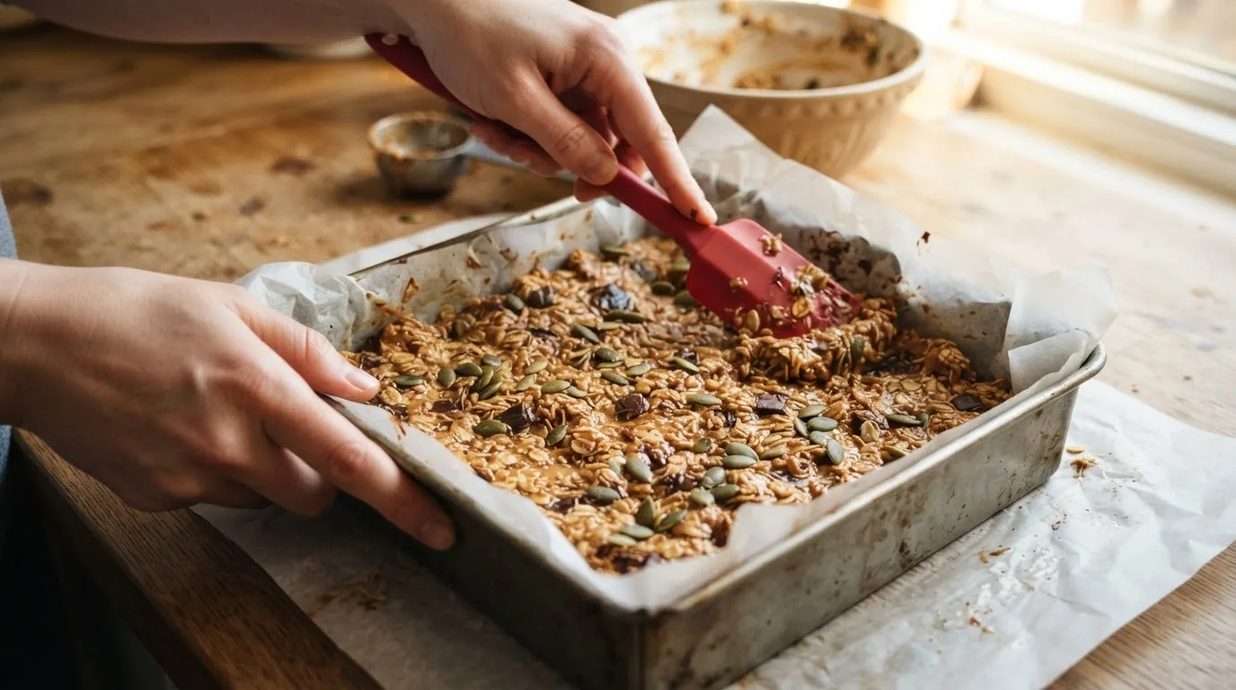 Riegelmasse wird mit einem Spatel fest in eine mit Backpapier ausgelegte Form gedrückt, Kürbiskerne auf der Oberfläche
