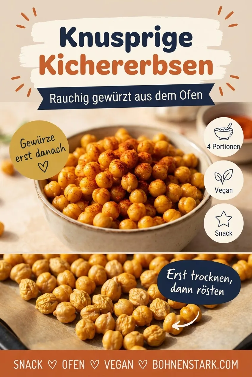Pinterest-Pin: knusprige Kichererbsen aus dem Ofen, rauchig gewürzt, 4 Portionen, vegan