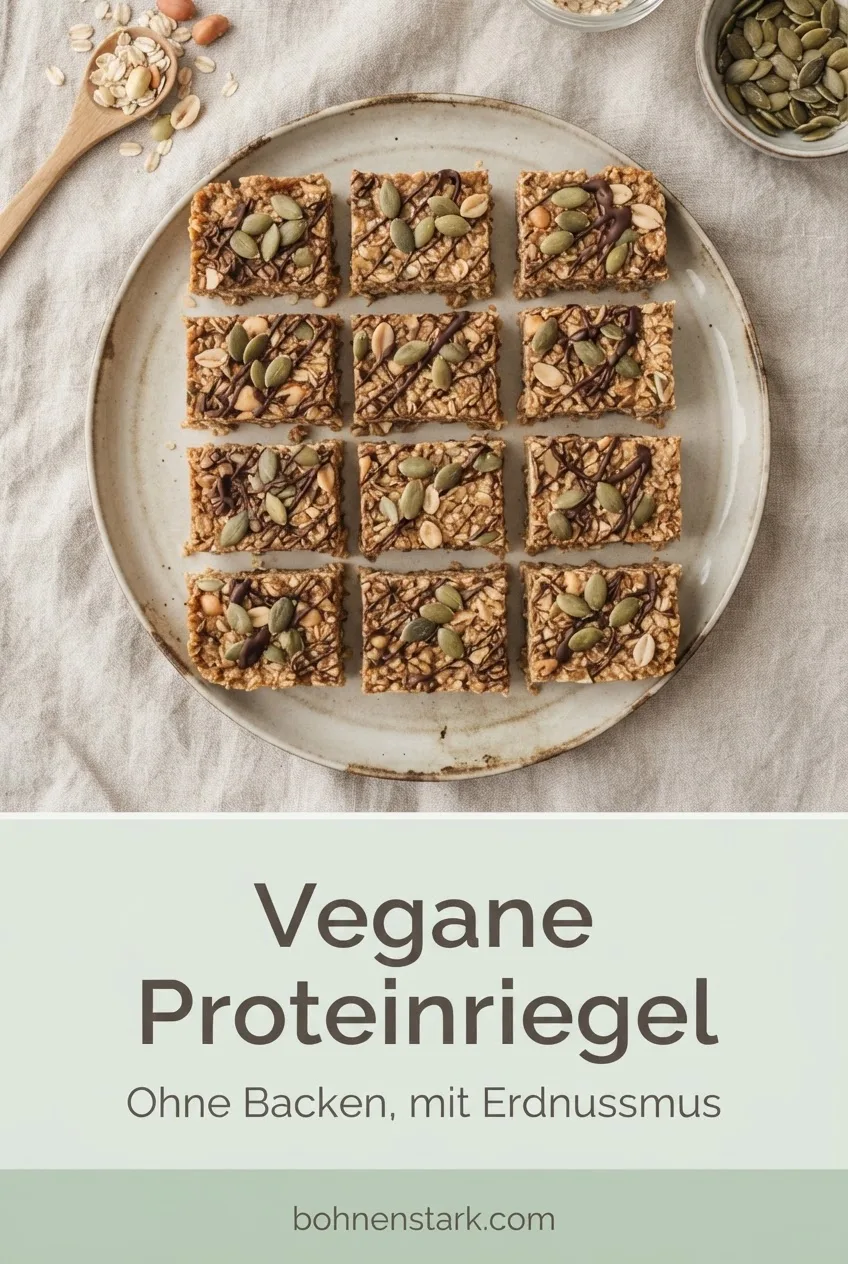 Vegane Proteinriegel aus Haferflocken und Erdnussmus mit Kürbiskernen und Schokoladenverzierung, darunter der Titel Vegane Proteinriegel