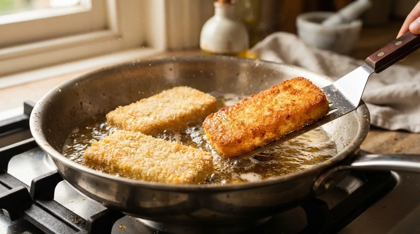 Panierte Tofu-Schnitzel braten in einer Edelstahlpfanne, eines wird gewendet und zeigt die goldbraune Unterseite
