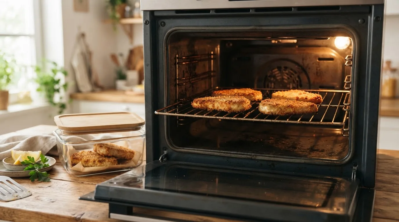 Tofu-Schnitzel werden auf dem Backofenrost aufgewärmt, davor eine Glasdose mit weiteren gebratenen Schnitzeln