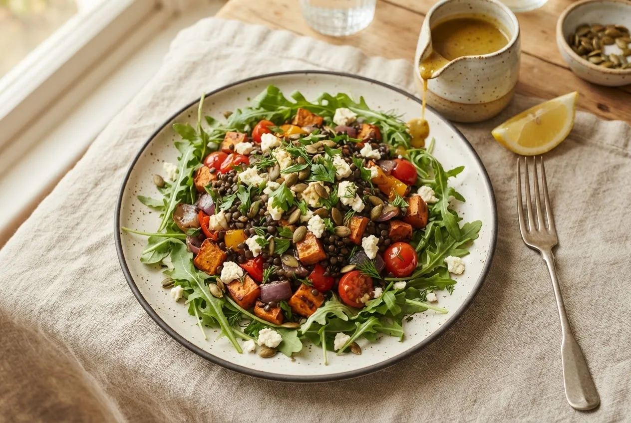 Ein Teller Beluga-Linsensalat auf Rucola mit Tofu-Feta, Kürbiskernen und Dill, Dressing wird darübergegossen