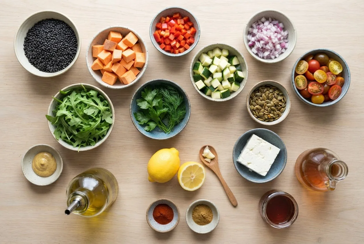 Zutaten für den Beluga-Linsensalat in Keramikschalen: Beluga-Linsen, Süßkartoffel, Paprika, Zucchini, Zwiebel, Tomaten, Rucola, Kürbiskerne, Tofu-Feta und Dressing-Zutaten