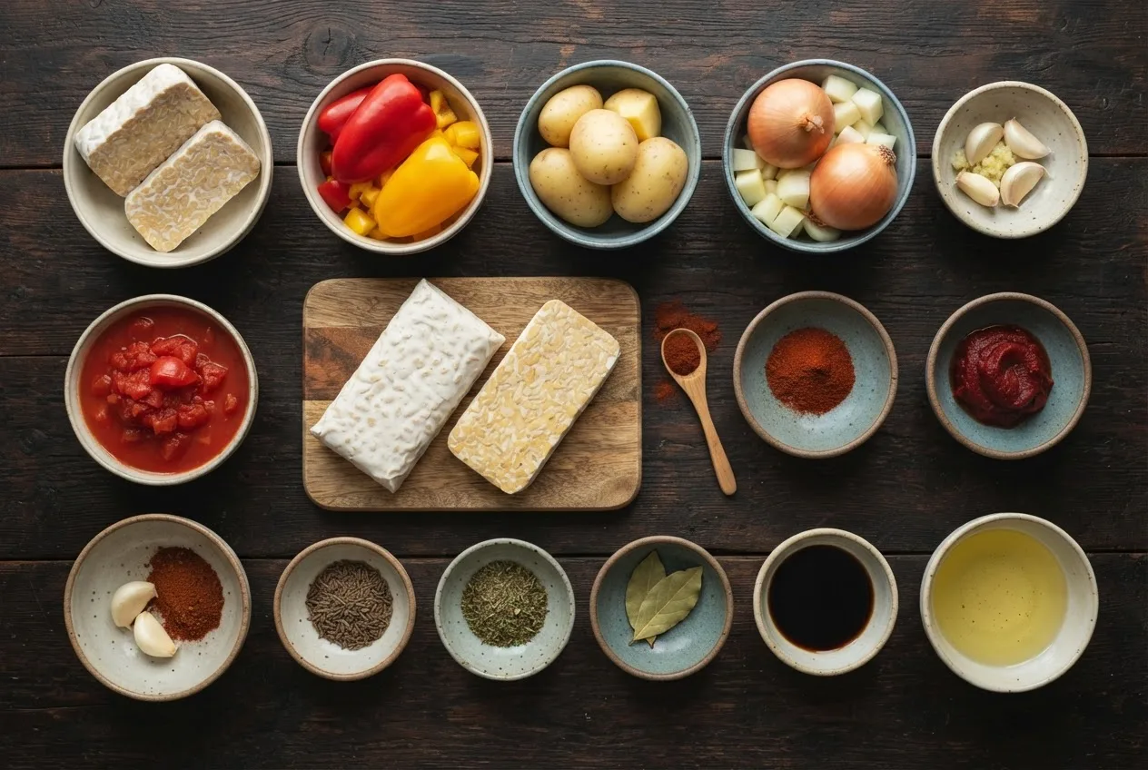 Zutaten für veganes Tempeh-Gulasch in Keramikschalen: Tempeh, Paprika, Zwiebeln, Knoblauch, Kartoffeln, Tomaten und Gewürze