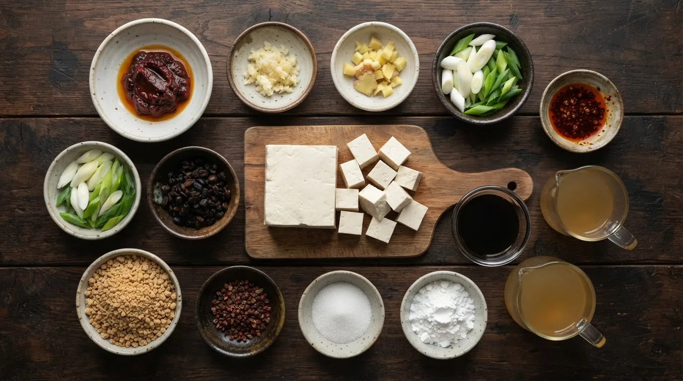 Zutaten für veganes Mapo Tofu in Keramikschälchen: fester Tofu, Sojagranulat, Chili-Bohnen-Paste, schwarze Bohnen, Knoblauch, Ingwer, Frühlingszwiebeln, Sichuanpfefferkörner, Chiliöl, Sojasauce, Zucker, Speisestärke und Gemüsebrühe