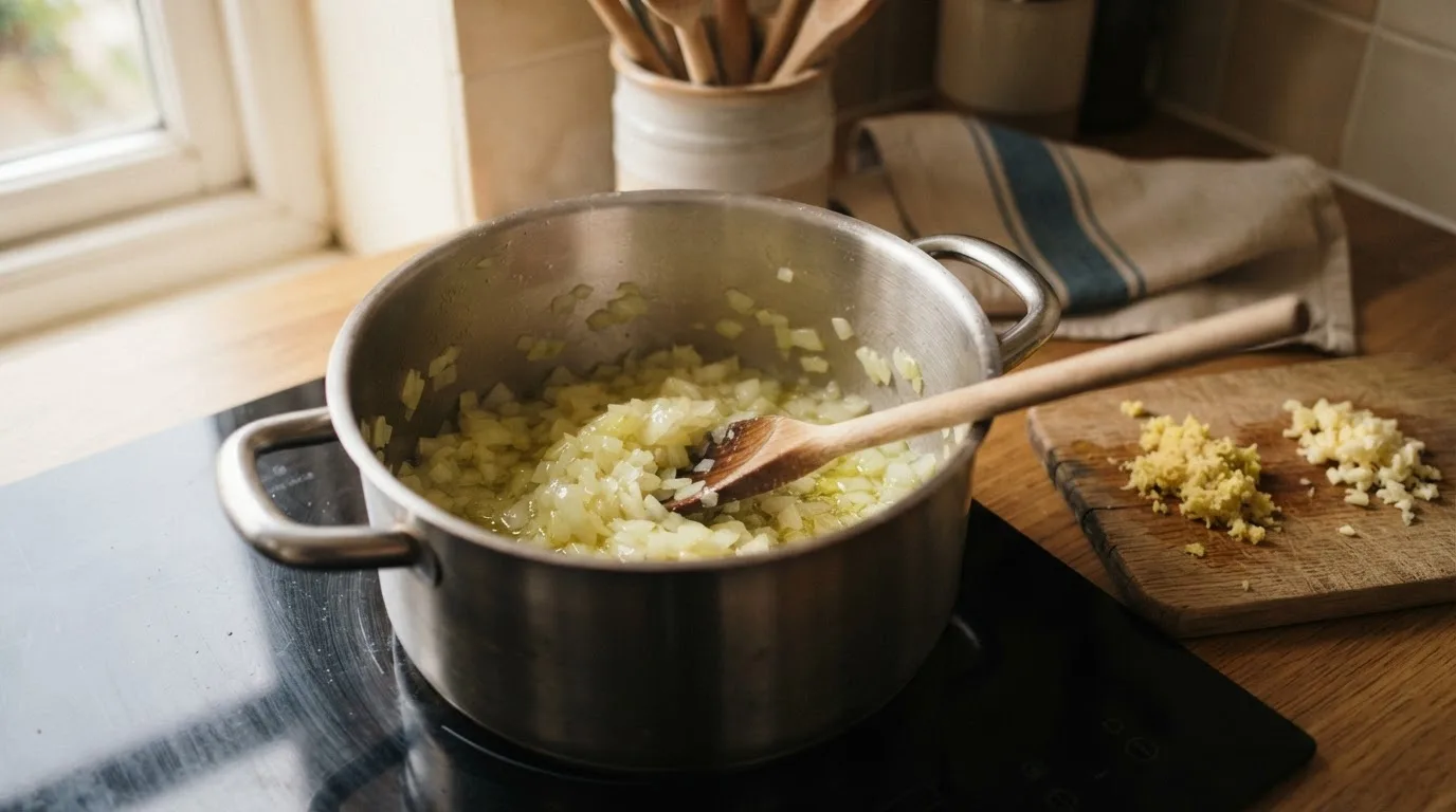Fein gewürfelte Zwiebel, glasig und weich, in einem Edelstahltopf auf einem Induktionsherd, daneben geriebener Ingwer und gehackter Knoblauch auf einem Brett
