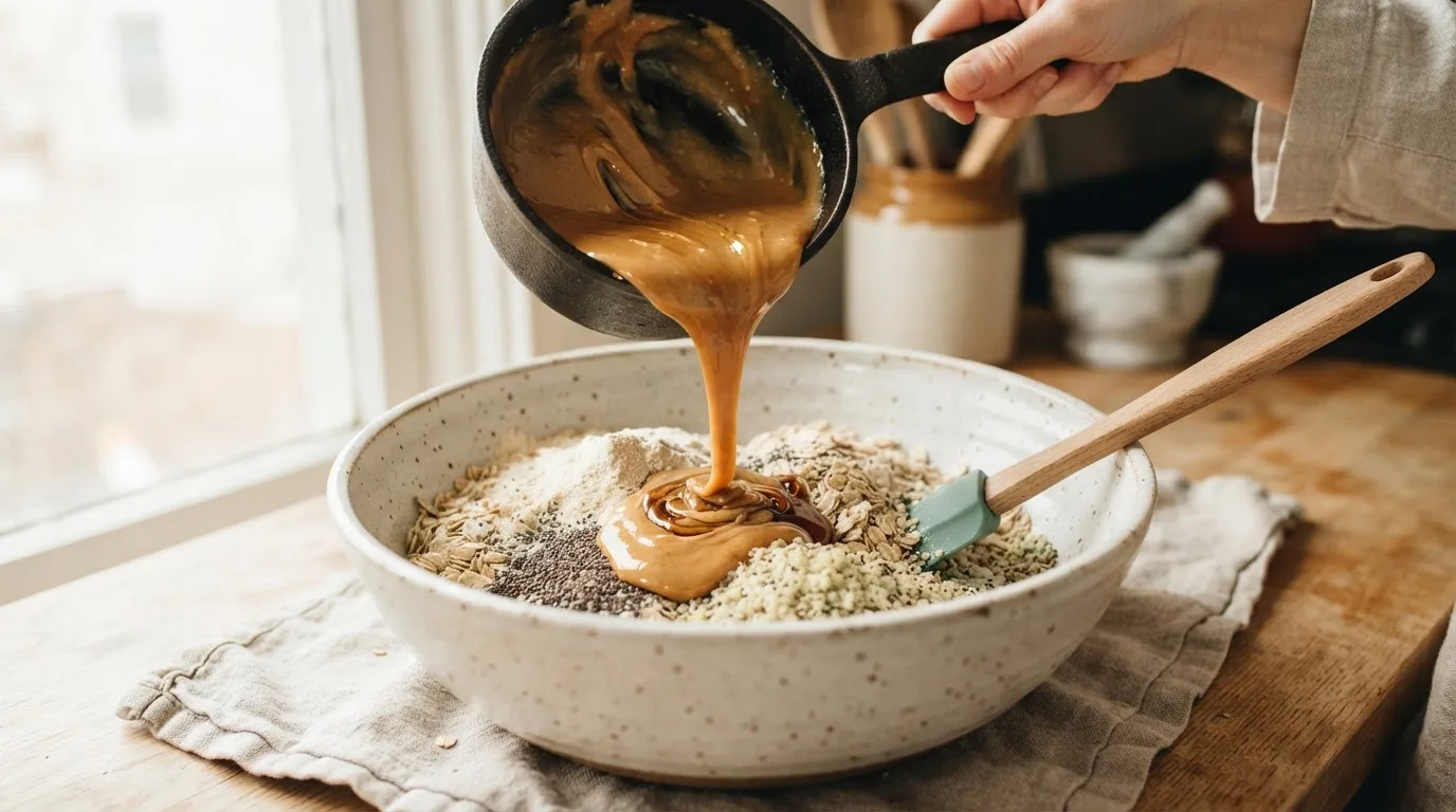 Warme Mischung aus Erdnussmus und Ahornsirup wird über Haferflocken, Proteinpulver und Samen in eine Rührschüssel gegossen
