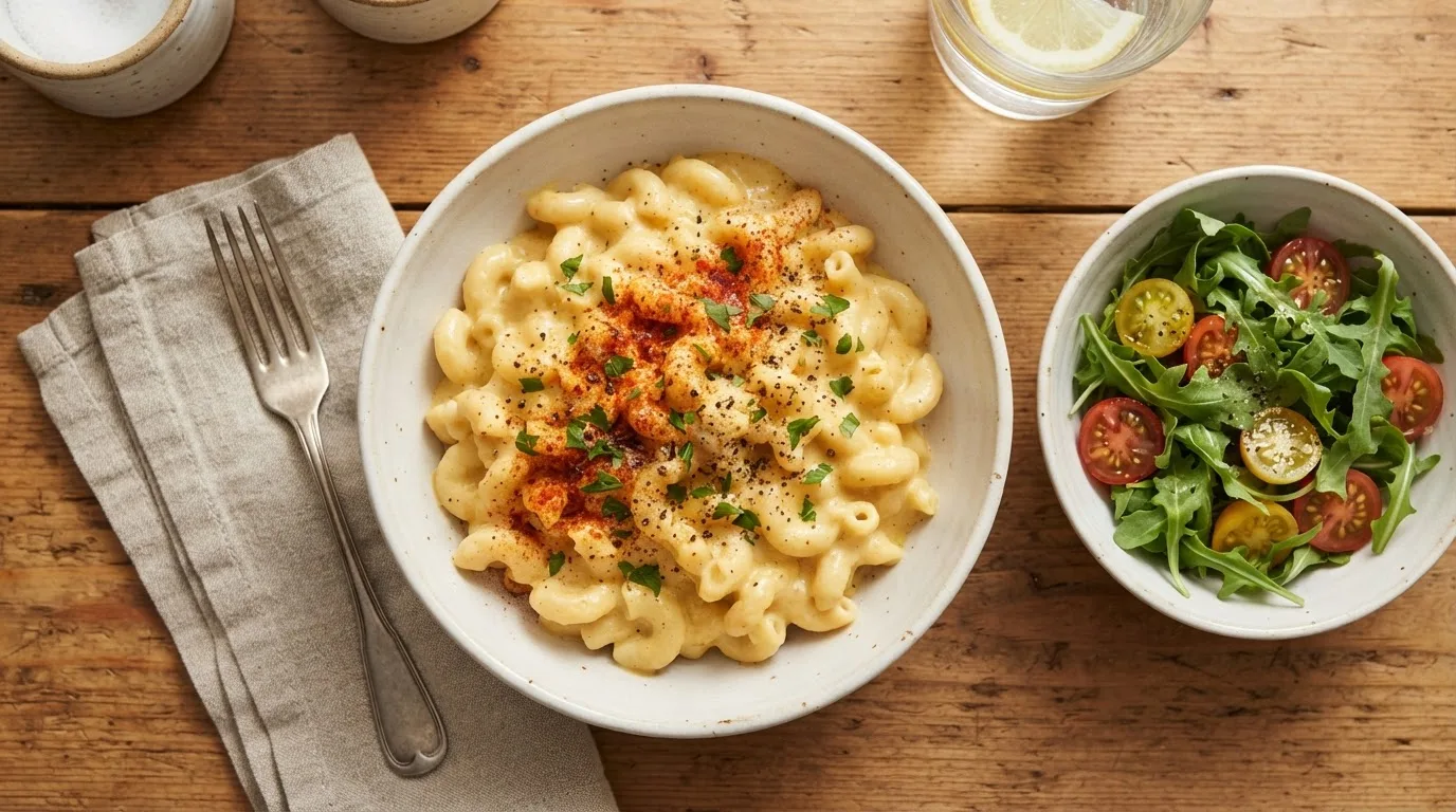 Eine Schale veganes Mac and Cheese mit Paprikapulver und Petersilie, daneben ein kleiner Rucolasalat mit Tomaten
