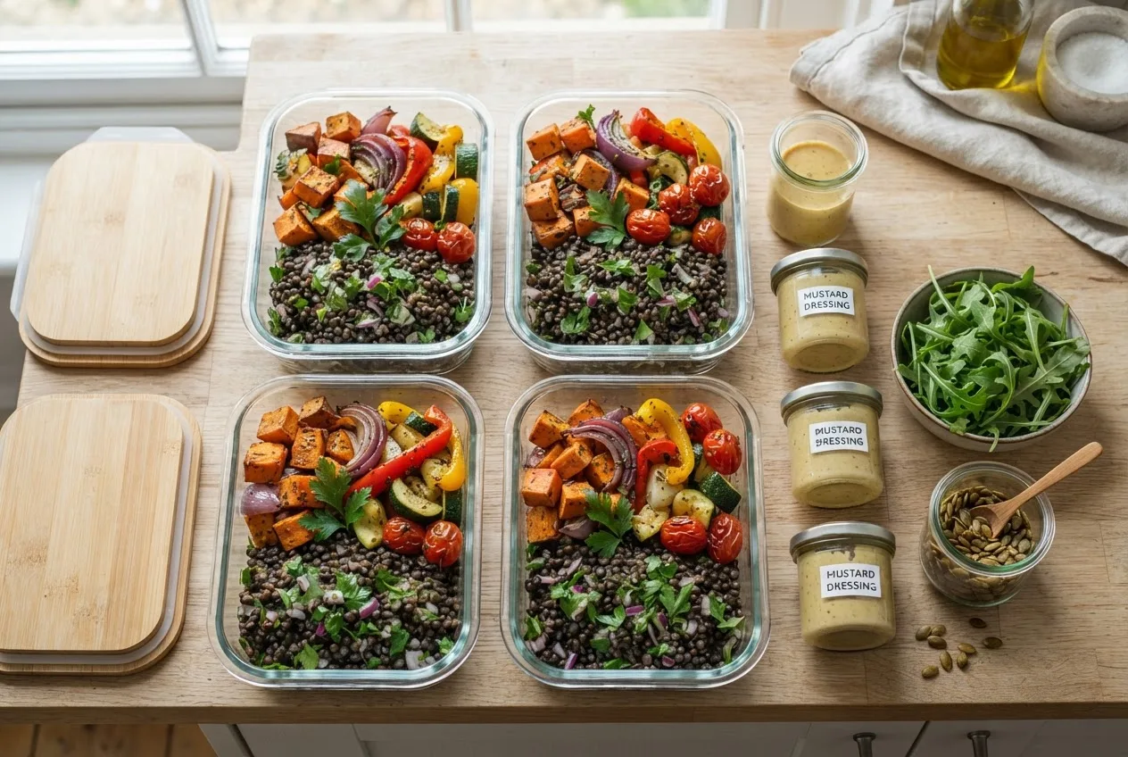 Vier Meal-Prep-Boxen mit Beluga-Linsensalat und Ofengemüse, daneben Gläser mit Dressing, Rucola und Kürbiskernen
