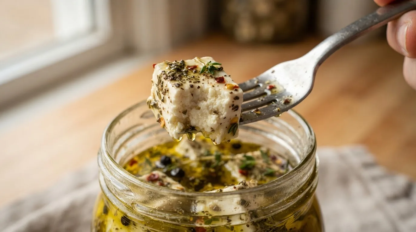 Ein marinierter Tofu-Feta-Würfel mit Oregano und Chiliflocken wird mit einer Gabel aus dem Glas gehoben