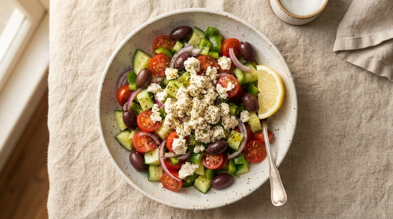 Griechischer Salat mit Gurke, Tomaten, roter Zwiebel, Paprika und Oliven, darüber zerbröselter veganer Tofu-Feta mit Oregano